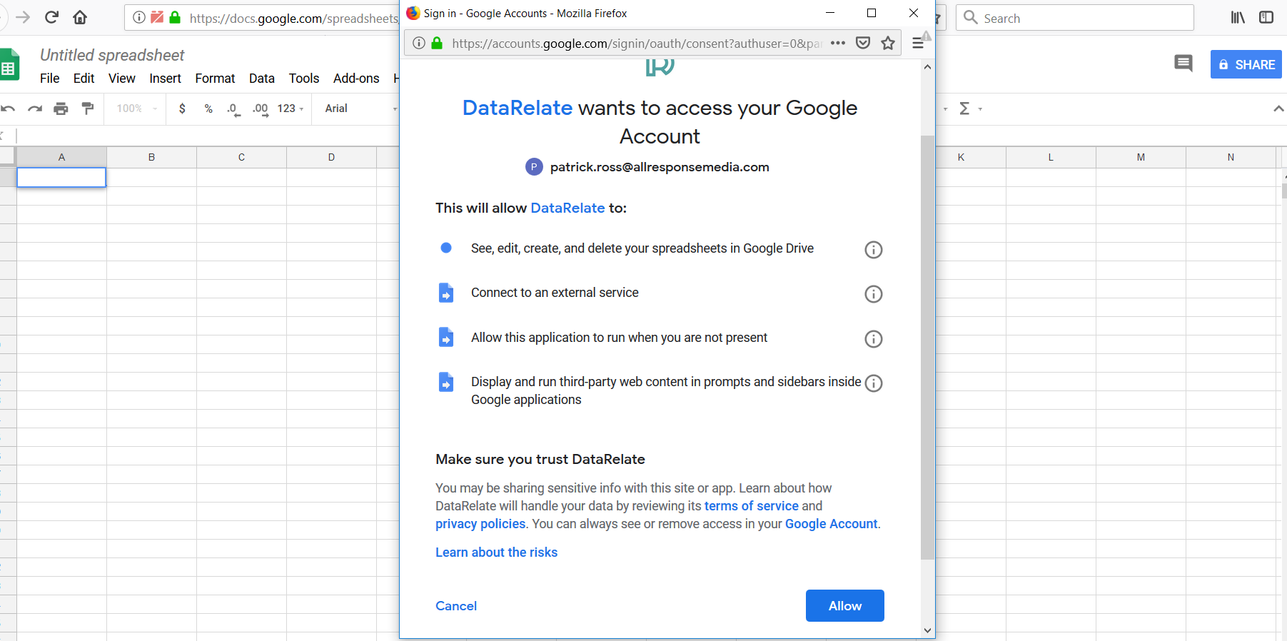 allow access to
          your Google sheets account